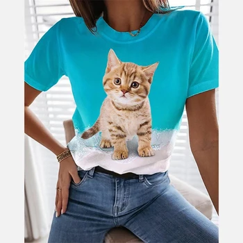 Femei De Moda T-Shirt Scurta De Vara Cu Maneci Supradimensionate, Haine Pisica Animal Print Graphic Print T Shirt O De Gât De Sex Feminin Supradimensionat Topuri