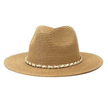 Naturale Panama Moale în Formă de Pălărie de Paie Vara Femei/Bărbați lanț de Aur Margine Largă Plajă de Soare Capac Protectie UV Fedora Pălărie fată pălărie jazz