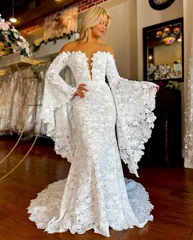 Complet Dantela de Mireasa Rochie de Mireasa 2023 Iluzie Gât Sirena vestidos de novia Curtea Tren robe de mariee Batwing Mâneci fara Spate