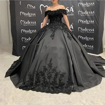 Gotic Negru Rochii de Mireasa Ball Gown de pe Umăr Maneca Scurta ștrasuri din Mărgele Dantelă Corset Spate Vestidos de Novia Rochii de Mireasa
