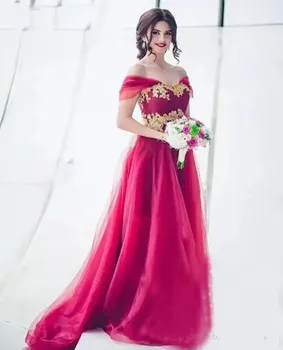 Elegant Tul Dubai arabă Rochii de Mireasa Roșu Dantelă de Aur Appliqued Partid Rochie de Seara Plus Size vestidos de fiesta فستان سهرة