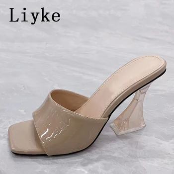 Liyke Moda Negru Portocaliu din Piele de Brevet Deget de la picior Pătrat Femei Ciudat Stil Transparent Tocuri inalte Papuci Sandale Pantofi