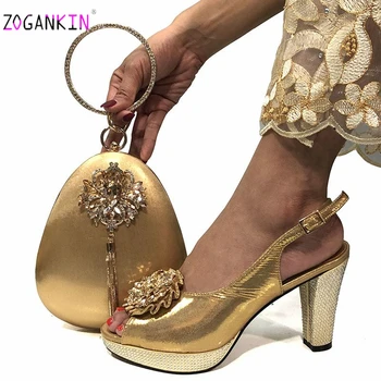 Aur Culoare de Pantofi și Sac Set Nou 2020 Femei Pantofi și Geantă Set din Africa de Sandale de Mireasa Pantofi cu Potrivire Set Saci