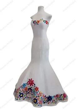 Fairy Flori Colorate Broderie Sirena Mexicana Stil Rochii de Mireasa Rochii de Mireasa pentru Femei Strapless Satin Alb Ieftin