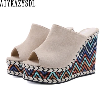 AIYKAZYSDL Retro Vintage Peep Toe Platforma Wedge Sandale cu Toc Înalt Boho Bohemia Pantofi Slide Catâri Papuci de casă Gros Etica Pantofi