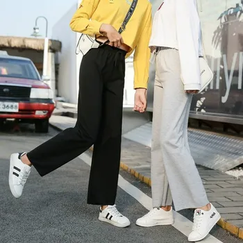 2020 Toamna coreean Pantaloni Casual pentru Femei Talie Elastic Pantaloni Largi Picior Femei de Îmbrăcăminte de Înaltă Talie Pantaloni Drepte Solid Negru Gri