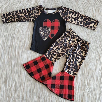 En-gros de Moda Noua Copilul de Primăvară Ziua Îndrăgostiților Copiilor le Place Carouri Tinuta Fetita Îmbrăcăminte Inima Leopard Clopote Pantaloni Haine