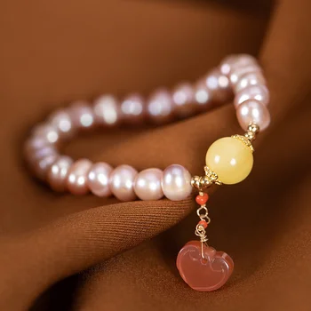 Bastiee S925 Argint Brățară placat cu Aur, Perle Naturale de Ceară de Sud Roșu în Formă de Inimă Clasic Brățară pentru Femei
