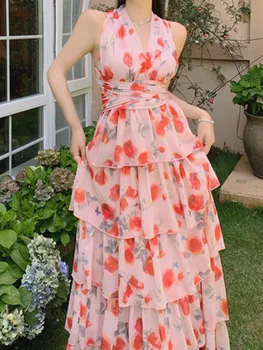Femei Vara Imprimeu Floral Casual Midi Dress Căpăstru Fără Mâneci Subțire Liber Partid Vestidos Vestidos Femme Moda Maxi Halat