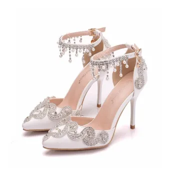 PCUAN sandale pentru femei mireasa, pantofi de nunta, pantofi cu toc pentru doamne petrecere a subliniat stras de cristal pantofi cu tocuri înalte