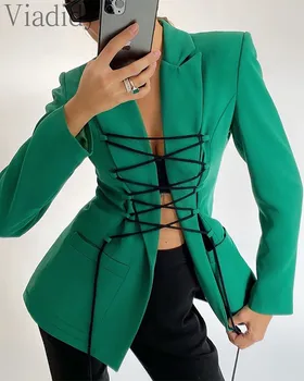 Femei Culoare Solidă Dantela Sus Design Buzunar Maneca Lunga Slim Blazer Coat