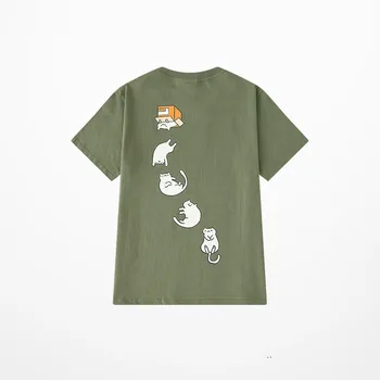 Moda coreeană Pisica desen Animat Amuzant Print T Shirt pentru Bărbați Skateboard Harajuku tricouri de sex Masculin Streetwear Iubitorii de Culoare Verde Top Tee