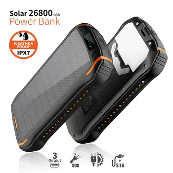 Solar Power Bank 26800mAh Pentru iPhone 13 Samsung S22 Xiaomi Încărcare Solară Powerbank Încărcător Portabil Poverbank cu Camping Lumina