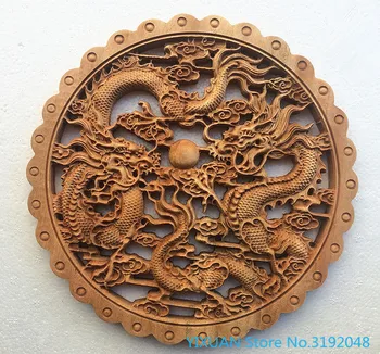 Double dragon joc pearl rotundă sculpturi in lemn de camfor din lemn masiv sculptură meserii stil Chinezesc gol decor agățat de perete