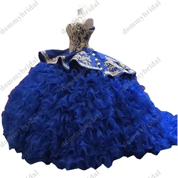 Sexy Royal Albastru Rochie de Bal Zburli Quinceanera Prom Rochii Formale Broderii de Aur Pe Umerii de Satin Mexican 2023 XV Dulce 15 16
