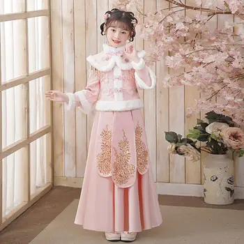 2 Culoare de Epocă Sărbătoare de Anul Nou Hanfu Set de Rochie pentru Fete Stil Tradițional Chinezesc Rosu Roz Puf Marginea Cald Iarna Costum