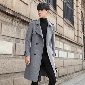 2022 Haină de Lână pentru Bărbați Moda coreeană Peste Genunchi Lungime Mijlocul Toamnei Îngroșarea Pierde Dublu Rânduri Cald Haină Lungă Nou Q161