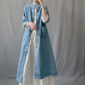 Toamna Stil Nou de Femei Chineze Retro Stand-up Guler Handmade Catarama Mid-lungime Denim Liber Sacou Canadiană