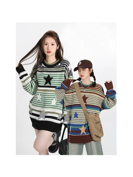 Y2k Streetwear Harajuku Coreean Haine Vintage Pentru Femei Pulover Stele Tricot Pulover Supradimensionat Cu Dungi Jumper Iarna Cu Maneci Lungi De Sus