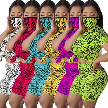 2020 Femei Leopard De Imprimare De Două Bucata Set Camasa Cu Maneci Scurte Topuri Și Bodycon, Pantaloni Scurți De Vară Treninguri Femme Seturi De Potrivire Club