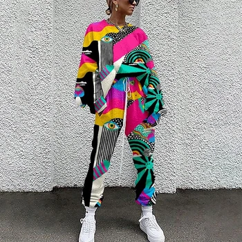 Multicolor Print Hip Hop 2 Bucata Set De Femei De Moda Casual, Pulovere Topuri Cu Maneci Lungi Pantaloni De Trening Seturi De Vară 2021 Streetwear