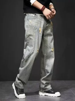 Gaură Vintage Lungime Completă Blugi Se Potrivesc Vrac Hip Hop Direct Mozaic Streetwear Casual Pantaloni Din Denim Bărbați Plus Dimensiune