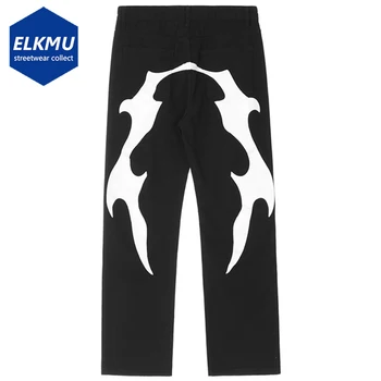 Oamenii Hip Hop Blugi Foc Imprimate Vrac Blugi Streetwear Alb-Negru Casual Straight Denim Pantaloni