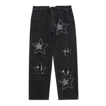 High street stil întuneric blugi ins star coreean de proiectare vrac direct pantaloni largi picior Gotic streetwear pantaloni punk de moda Pantaloni