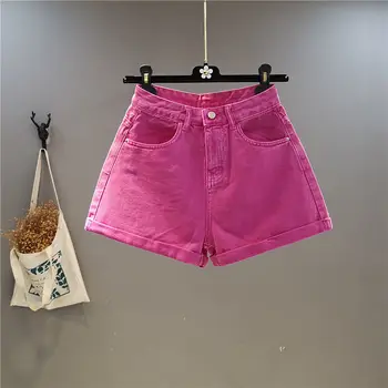 Vara Roz pantaloni Scurți din Denim pentru Femei Nou Bomboane de Culoare-picior Larg Ondulată Subțire Blugi Pantaloni scurți de Moda Doamnelor Sexy Galben Fund