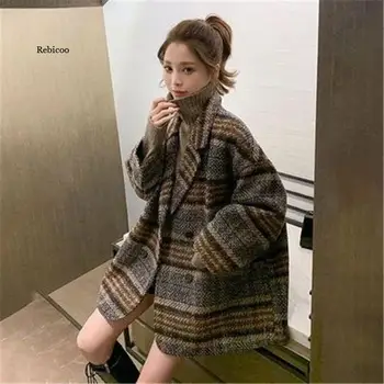 Coreea De Femei Chic Toamna Iarna Nou Vrac Mici Casual Carouri Cald Tweed Mediu Mult Îngroșat Strat De Sex Feminin Maree