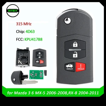 DIYKEY Înlocuire 4 butoane Flip Key FOB 313.8 MHZ 4D63 80bits pentru Mazda 3 6 MX-5 în perioada 2006-2008,pentru RX-8 2004-2011 FCC ID: KPU41788
