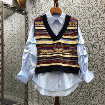 Noua Moda coreeană Pulover Seturi 2021 Toamna Femei de Turn-down Guler Maneca Lunga Tricouri de Bumbac+Modele de Epocă Vesta Tricotate Bluze