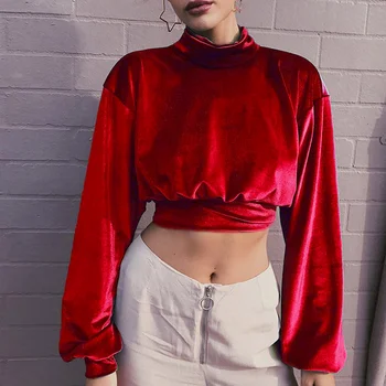2021 Femei de Moda de Înaltă gât de Catifea Scurte Trunchiate Pulover Subtire Slim Top cu mâneci Lungi Pulover de Gothic Retro Catifea Tricou