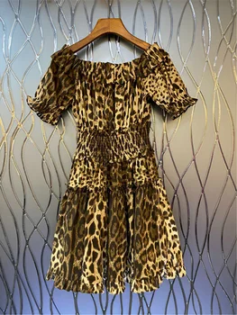 Delocah de Înaltă Calitate, de Vara Femei Designer de Moda Bumbac Rochie Mini Sexy Slash gâtului Talie Elastic Shirring Unduiri Rochie de Leopard