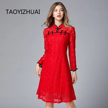 TAOYIZHUAI toamna new sosire stil chinezesc cheongsam dantelă rochie de mari dimensiuni rândul său guler buton de culoare roșie festivalul de petrecere