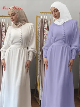 Noi Islamic Tânără De Moda Mâneci Lungi Fantezie Rochie Maxi Cu Butoane Francez Elegant Modestie Șifon Rochie Cu Centura Wy230