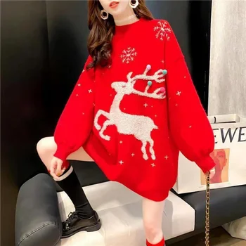 Cerb De Crăciun Jacquard Tricotate Pulover Femei, Cu Maneci Lungi Vrac Coreeană Japoneză Tricotate Jumper Pentru Femei Geaca De Iarna Pulovere Noi