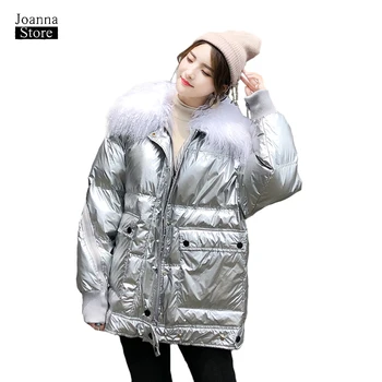 Rață în jos jacheta femei de iarna plus dimensiune hanorac cu blana blană de raton guler femei jachete de argint reflecta haine de streetwear nou hanorac