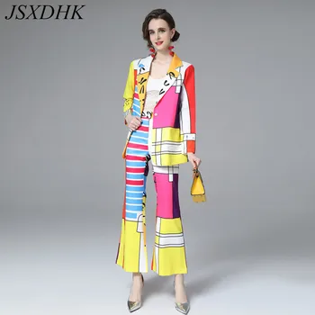 JSXDHK Pista de Toamnă 2 Bucata Set Elegant pentru Femei Guler Crestate Lovit de Imprimare Color Model Vrac Blazer Coat + Flare Pantaloni Costume