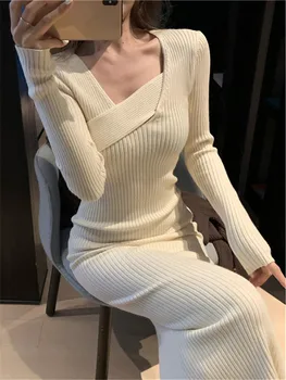 Femei Slim Split Rochie Pulover cu Maneci Lungi V-neck coreean Elegante, Rochii tricotate 2022 Primăvară de Iarnă Baisc Vestidos
