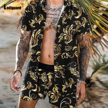 Ladiguard Plus Dimensiune Bărbați îmbrăcăminte ropa hombre sexy barbati Tricouri seturi BOHO floare de imprimare de două seturi de piese Tendință de vară 2021 beachwear