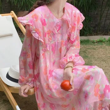 WDMSNA coreean Șifon Florale Vestidos De Mujer Peter Pan Guler Zburli Vrac Femei Rochie de protecție Solară cu Maneca Lunga de Toamna Halat de Femme