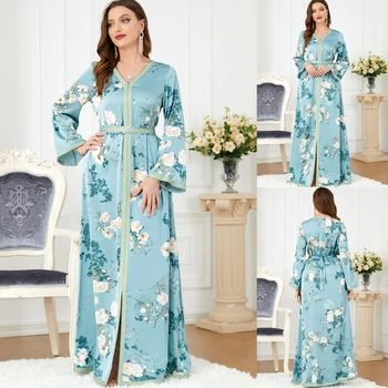 Floral Print Long Sleeve V-Neck Banda De Broderie Trim Rochie Maxi Elegantă Musulman Abaya Pentru Femei Dubai Petrecere De Seara De Primavara Toamna