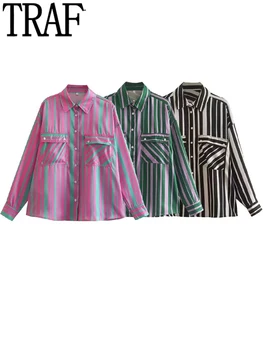 TRAF cu Dungi Tricou Femei Satin Buton Camasa Femei Maneca Lunga Tricouri Supradimensionate pentru Femei Toamna cu Guler Femei Bluze si Topuri