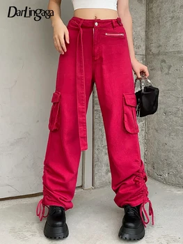 Darlingaga Moda Chic Red Cordon Curea Pantaloni Femei Blugi Streetwear Direct Buzunare Din Denim Pantaloni Largi De Tinute