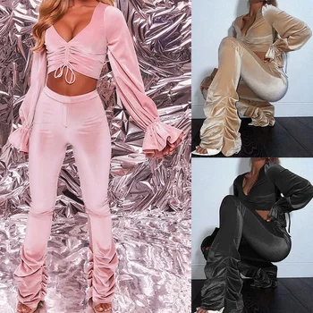 2022 Toamnă Și de Iarnă de Îmbrăcăminte pentru Femei Sexy Deschide Buric Maneca Lunga Top Culoare Solidă Micro Bell Pantaloni Set de Două piese