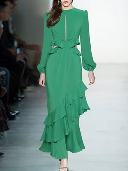 2023 Primăvară Designer de Moda Sexy Rochie stratificat Femei Lantern Maneca Gol Afară de Volane Rosu Verde de Înaltă Calitate Doamnelor Petrecere Mult