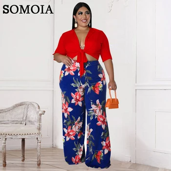 SOMOIA Plus Dimensiunea Îmbrăcăminte pentru Femei Culoare Solidă Lace-Up Top Print Pantaloni Largi Set Sexy si Elegant Set de Două Piese en-Gros de Dropshipping