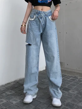 Rupt Gaura Toamna Pantaloni Din Denim Pentru Femei De Înaltă Talie Asimetric Vintage Straight Blugi Largi Picior Pantaloni Streetwear