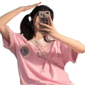 Hello Kitty Drăguț Kawaii Sanrio Kuromi Cinnamoroll Maneci Scurte T-Shirt Fată De Desene Animate Dantelă Mâneci Scurte Stil De Colegiu Vrac Top